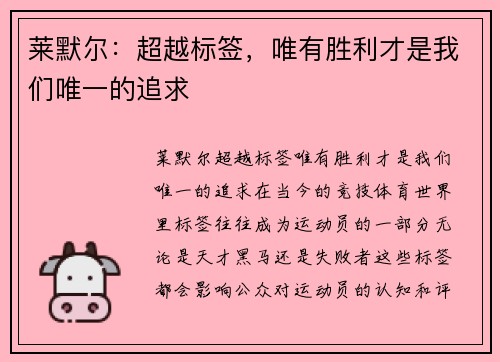 莱默尔：超越标签，唯有胜利才是我们唯一的追求